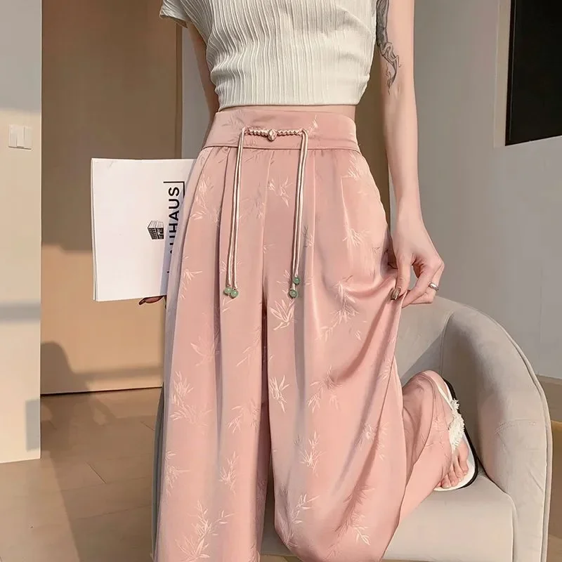Summer Chinese National Style Jacquard Wide-Leg Pants Women's High Waist Casual Pants Black Spring Autumn Fashion Trousers - Image 3