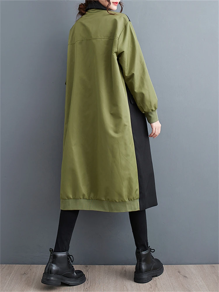 Oversized Turn-down Collar Trench Coat For Women 2024 Autumn Winter Casual Loose Vintage Patchwork Fashion Outerwear Cardigan - Image 2