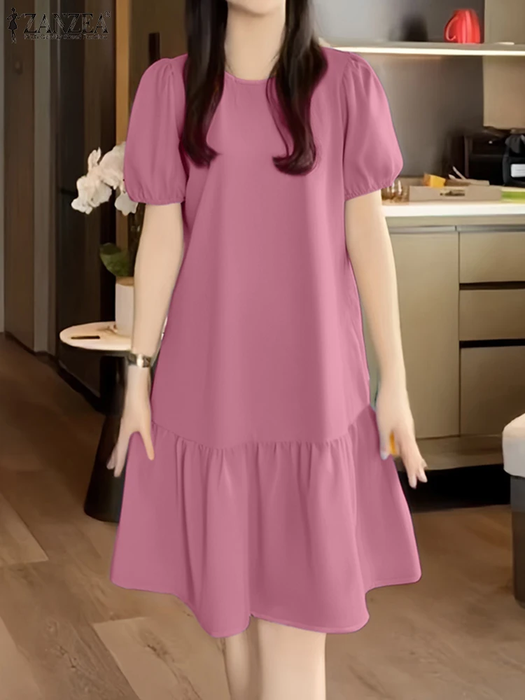 ZANZEA Women Casual Ruffled Hem Knee-length Dress 2025 Summer Short Puff Sleeve Solid A-line Vestidos Elegant Holiday Robe Femme - Image 3