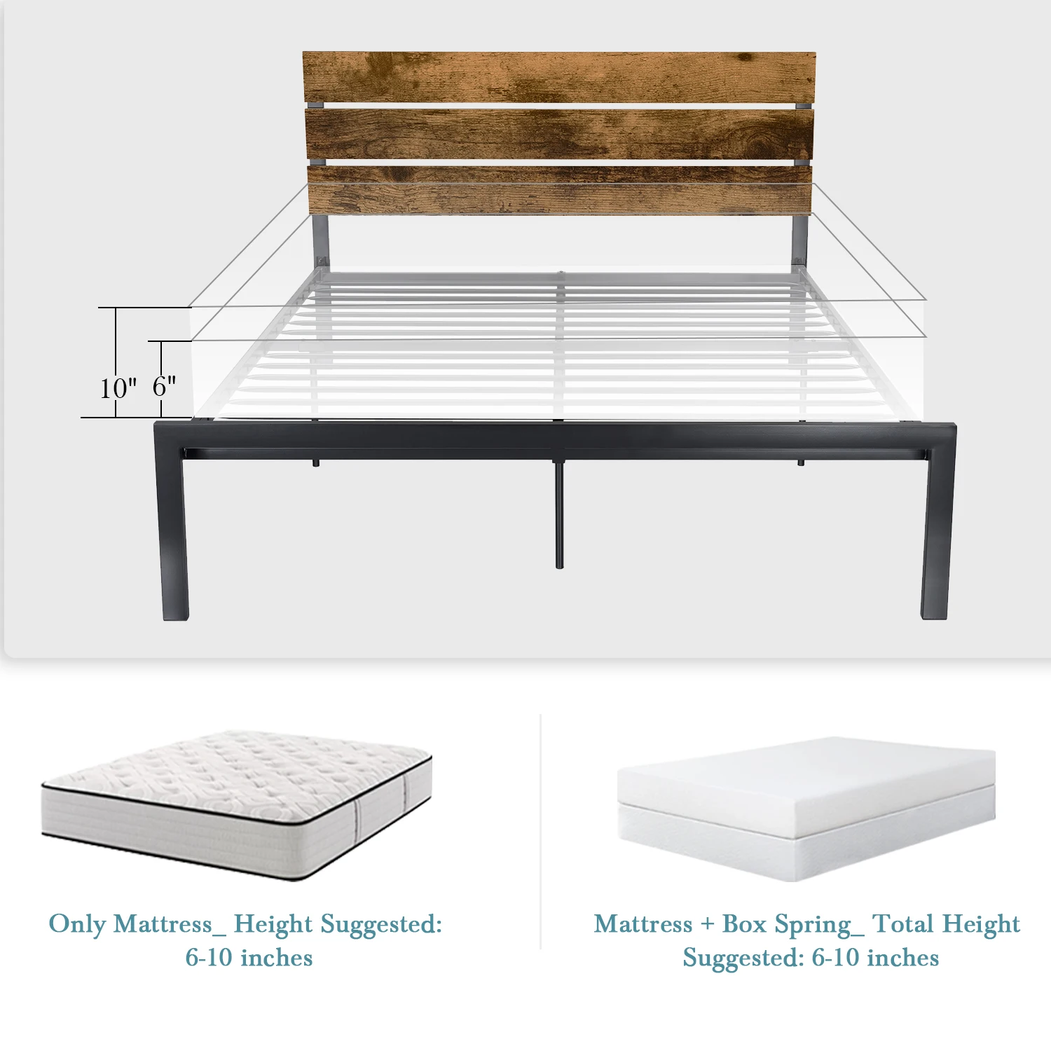 HOOMIC Bed Frame with Rustic Wooden Headboard/Heavy Duty Platform Bed Frame/Mattress Foundation/Strong Metal Slats Support - Image 5