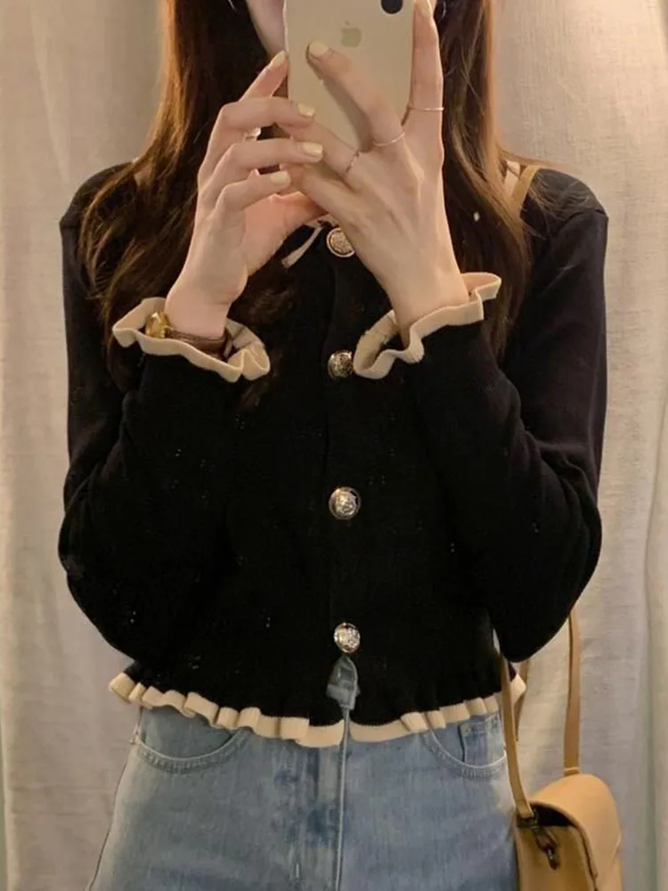 Jmprs Ruffles Sweet Cardigan Sweaters Women Fashion Slim Long Sleeve Knitted Short Coat Elegant Patchwork Korean Lady Black Tops - Image 2