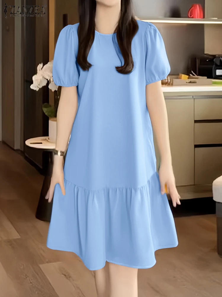 ZANZEA Women Casual Ruffled Hem Knee-length Dress 2025 Summer Short Puff Sleeve Solid A-line Vestidos Elegant Holiday Robe Femme - Image 2