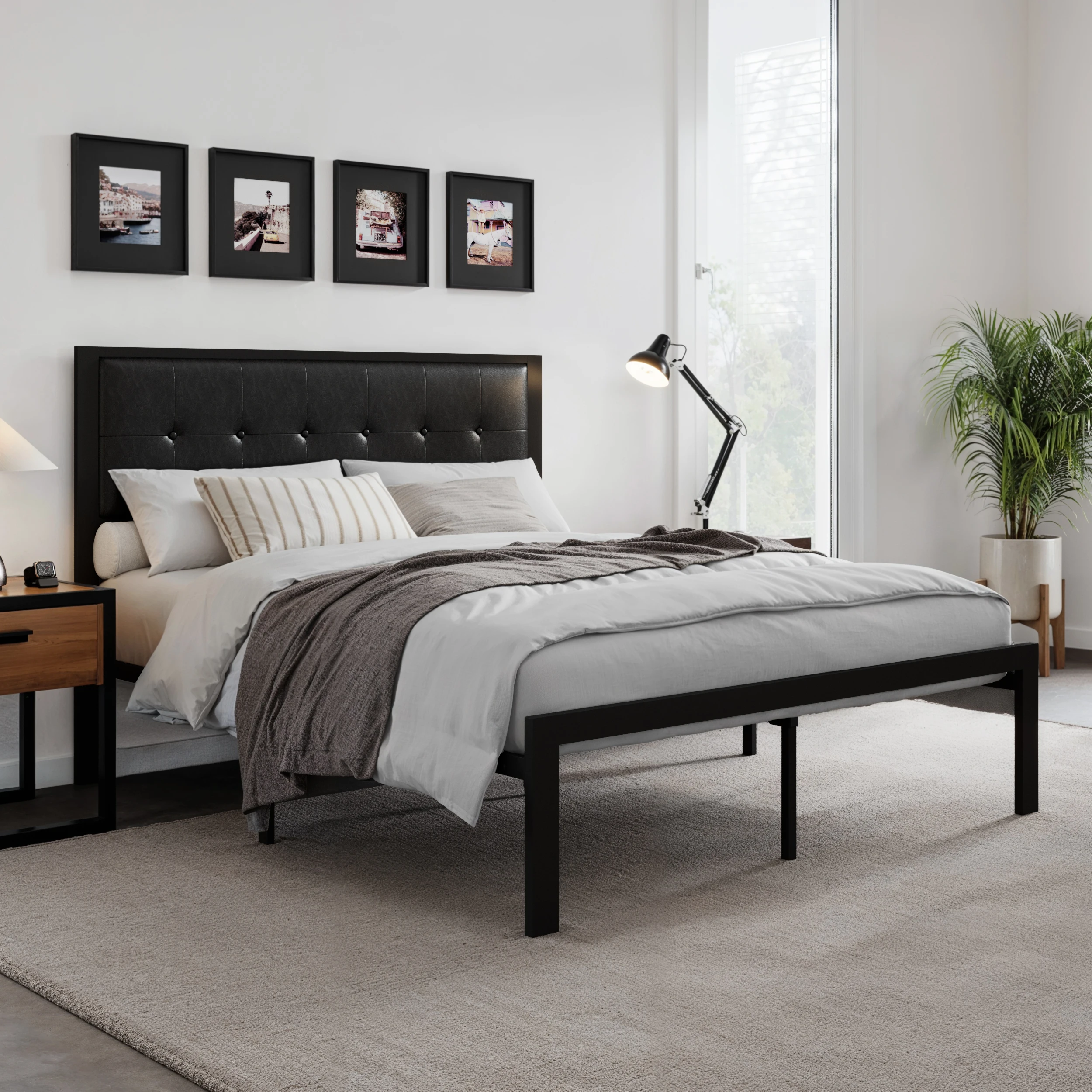 HOOMIC Metal Bed Frame, Upholstered Headboard with Square Stitched, Classic Button Tufted, Faux Leather, No Box Spring Needed - Image 2