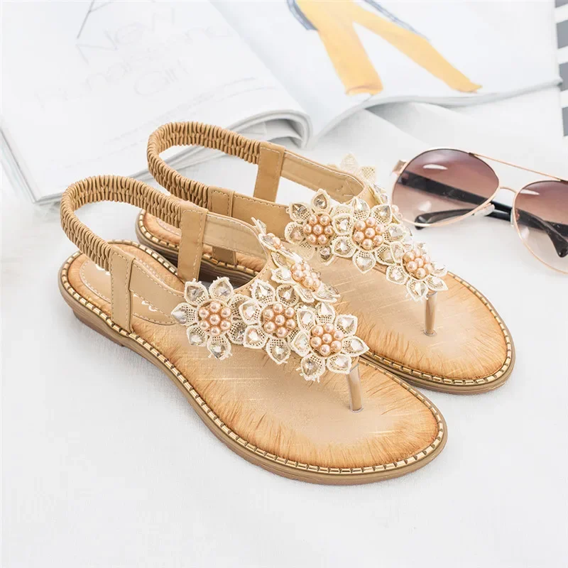 YAERNI Women Sandals New Fashion Bead Flower Round Toe Flip-flop Sandals Female Trend Summer Shoes Woman Plus Size 36-42 - Image 3