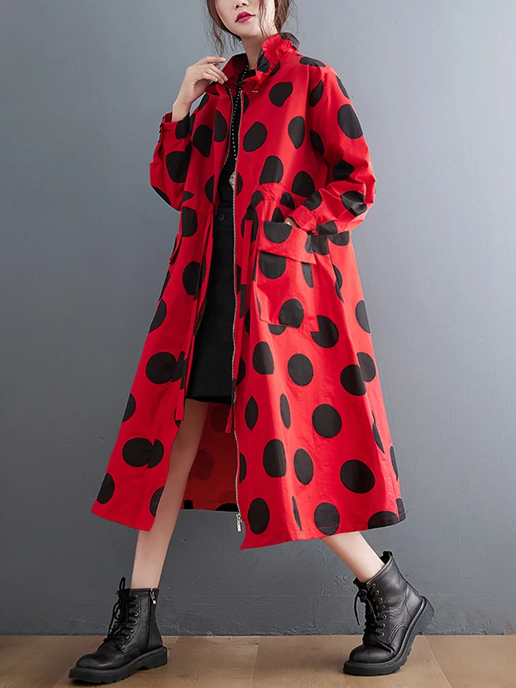 2022 Autumn Winter Oversized Polka Dot Long Trench Coat For Women Clothes Stand Collar Drawstring Fashion Casual Loose Outerwear - Image 2