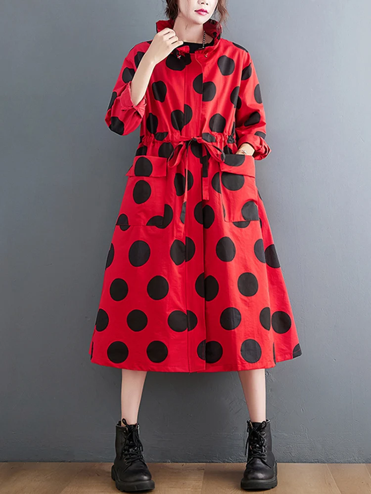 2022 Autumn Winter Oversized Polka Dot Long Trench Coat For Women Clothes Stand Collar Drawstring Fashion Casual Loose Outerwear - Image 5