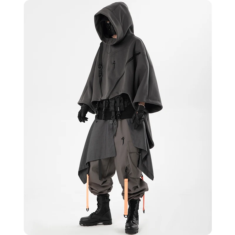 Autumn Irregular Functional Hoodie Zipper Cape Coat Pullover Men's Clothing Harajuku Hooded Sweatshirt High Street Streetwear - Image 4