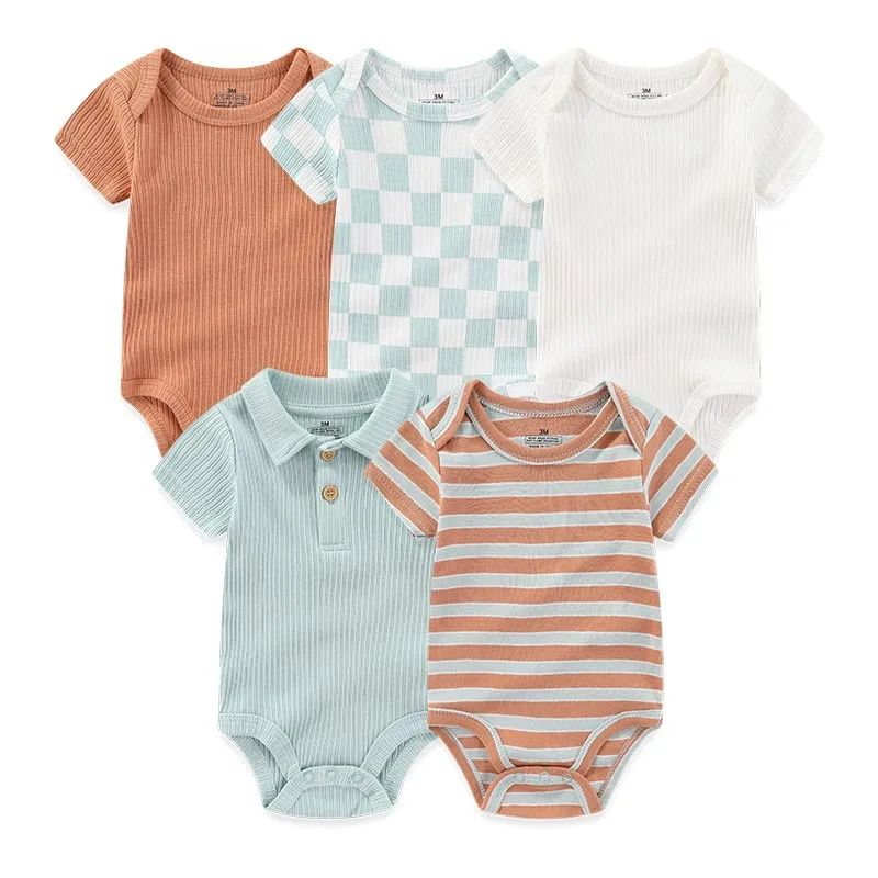 Unisex 5Pieces Newborn Bodysuits Cotton Baby Girl Clothes Set Summer Print Baby Boy Clothes Cartoon Sleeveless Solid Color Bebes - Image 2