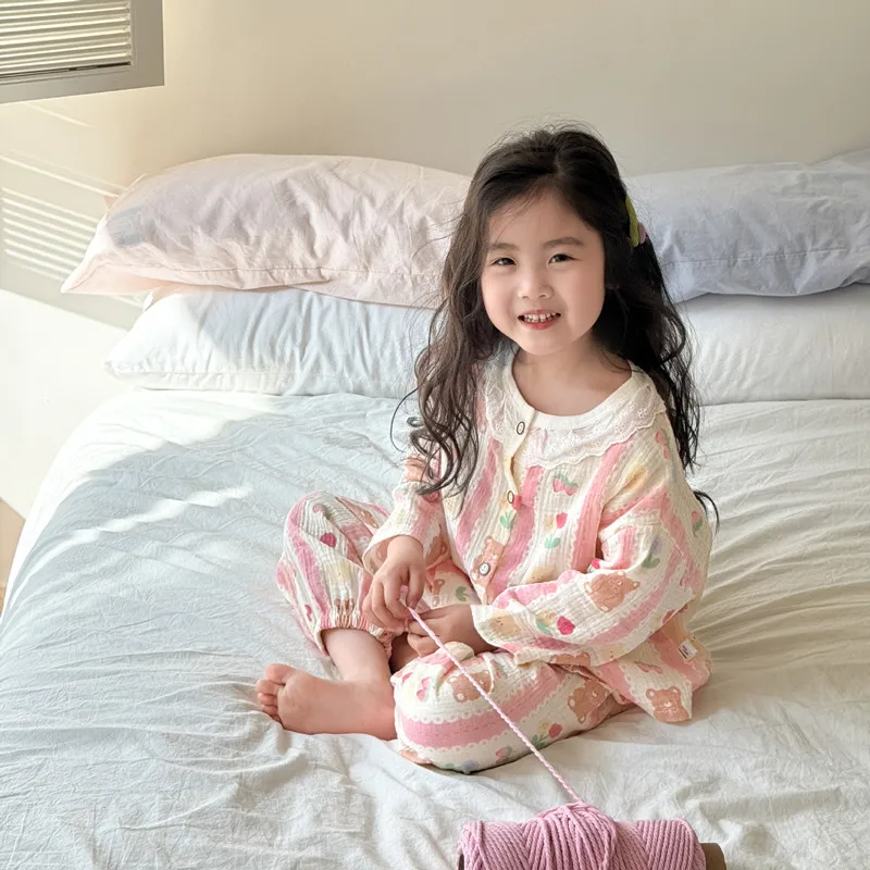 Girls Homewear Set Mom Daughter Family Matching Clothes Suit Lace Princess Pajama Muslin Cotton Outfit Baby Sleepwear Tops+Pants - Image 3