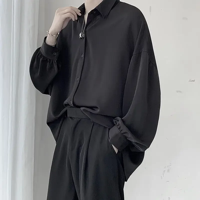 2025 Black Long-sleeved Shirts Men Korean Comfortable Blouses Casual Loose Single Breasted Shirt with Tie - Image 4