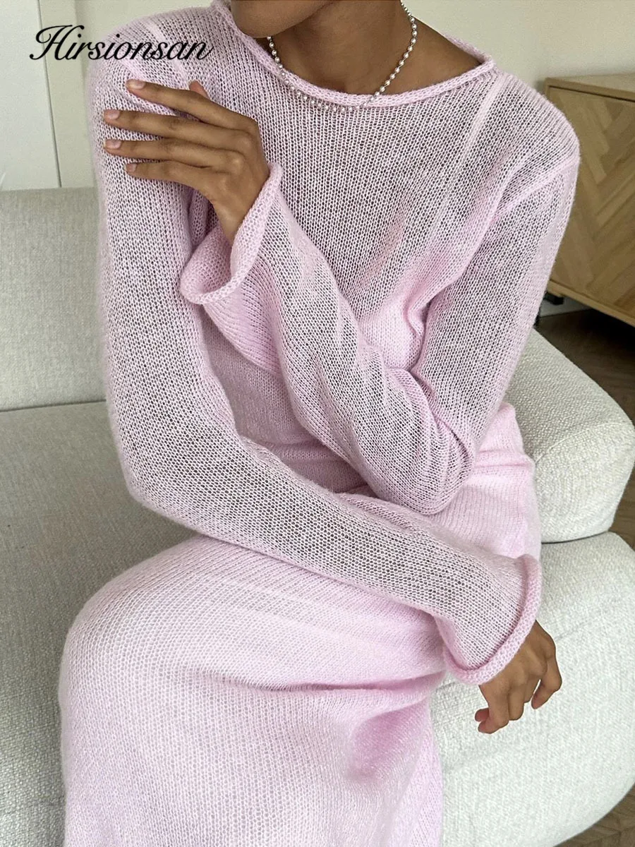 Hirsionsan Spring Autumn O-Neck Elastic Knit Long Dresses Women 2024 Elegant Chic Soft Lady Hollowing Sweater Dresses Femme New - Image 4