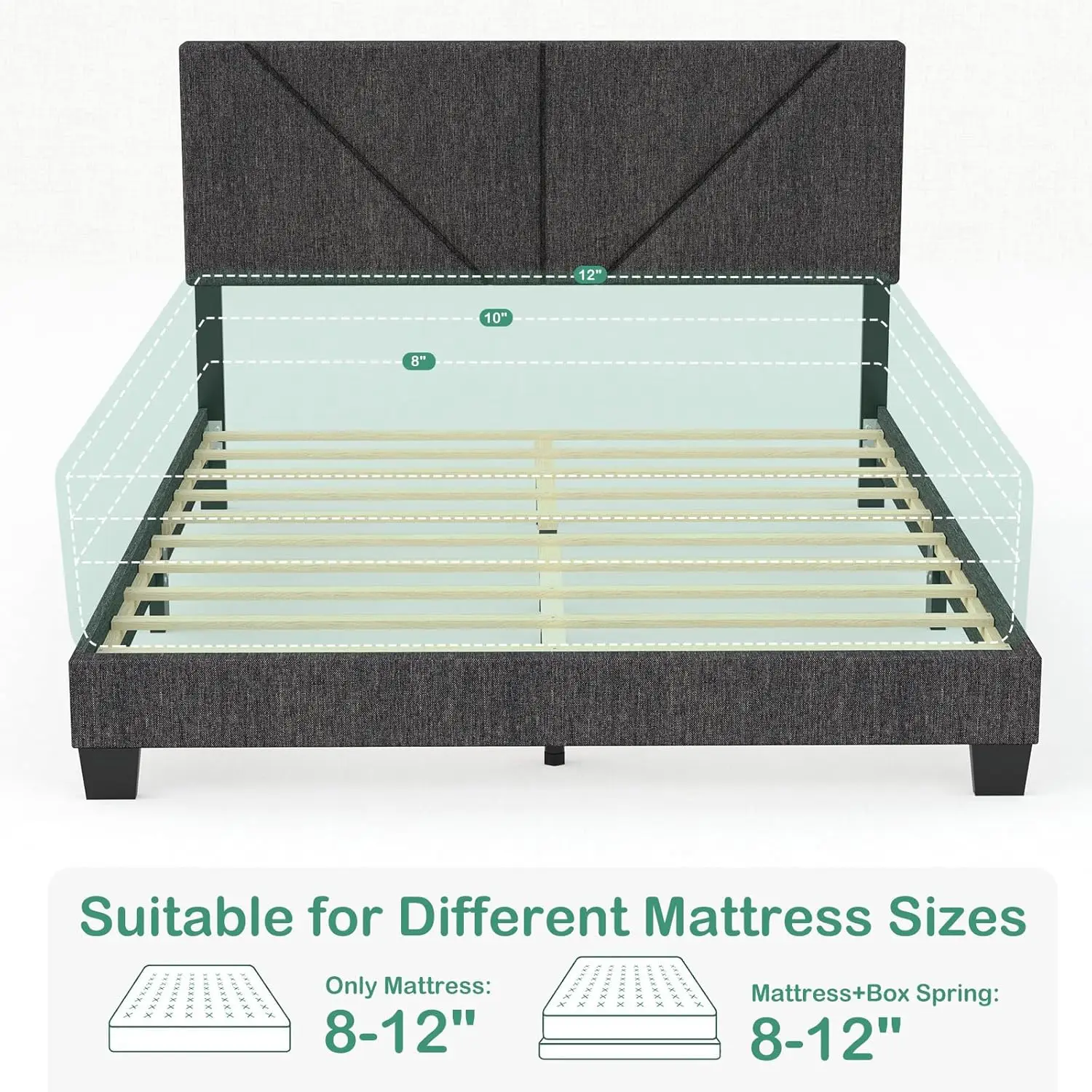 Queen Size Adjustable Headboard Bed Frame, Modern Linen Upholstered Platform Bed with Wood Slat Support - No Box Spring Needed - Image 6