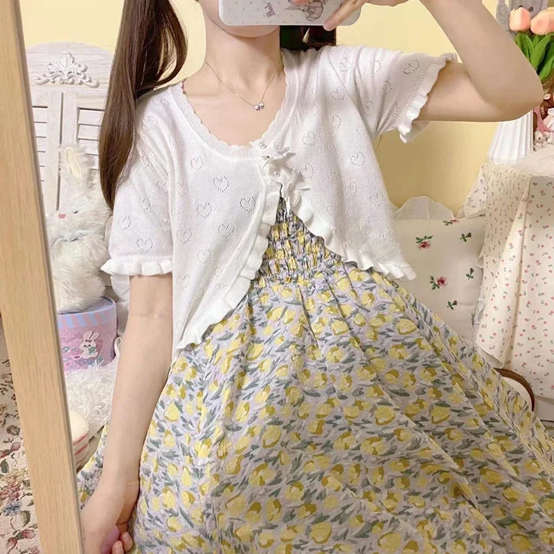 Cute Knitted Cardigan Women Pearl Button Bow Decoration Heart Hollow Out Short Sweater for Sweet Girl Kawaii Clothes - Image 5