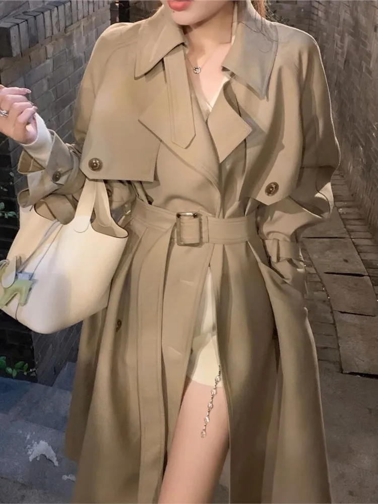 Autumn Winter Khaki Long Trench Coat for Women 2024 Jacket Elegant Outerwear Turn-down Collar Tie Belt Korean Chic Windbreaker - Image 4