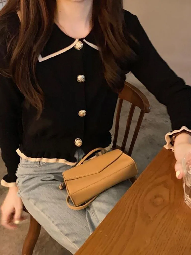 Jmprs Ruffles Sweet Cardigan Sweaters Women Fashion Slim Long Sleeve Knitted Short Coat Elegant Patchwork Korean Lady Black Tops - Image 6