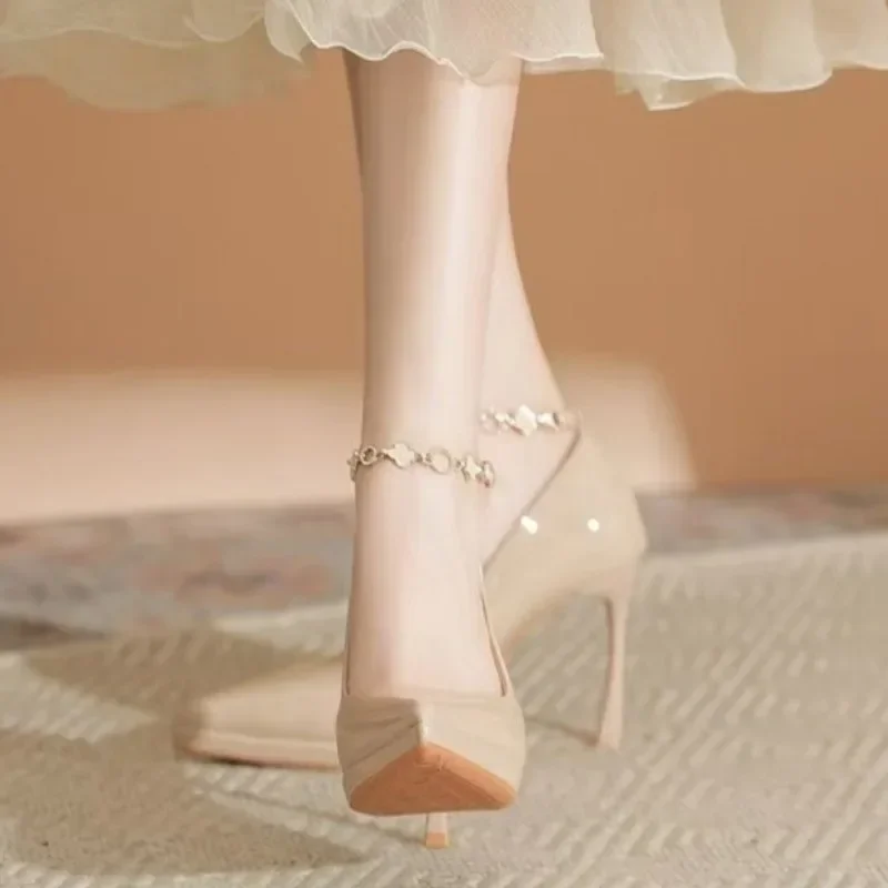 2025Autumn New Stiletto High Heels Women's Pointed Head Shallow Mouth Metal Chain Anti-slip Wear-resistant Single Shoes - Image 3