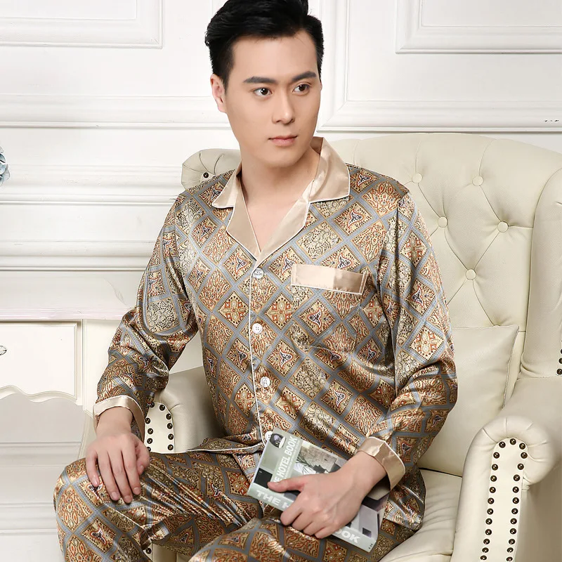 High Quality Pajamas Set Men Spring Autumn Thin Polyester Ice Silk Long-sleeved Sleepwear Plus Size Summer Home Clothes Male - Image 5