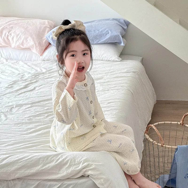 Girls Homewear Set Mom Daughter Family Matching Clothes Suit Lace Princess Pajama Muslin Cotton Outfit Baby Sleepwear Tops+Pants - Image 5