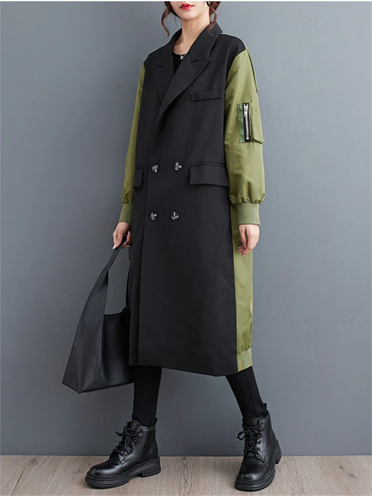 Oversized Turn-down Collar Trench Coat For Women 2024 Autumn Winter Casual Loose Vintage Patchwork Fashion Outerwear Cardigan - Image 4