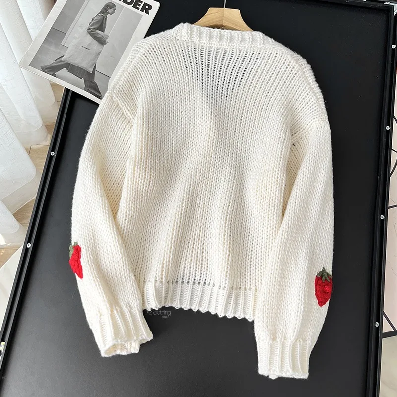 Fashion age reduction three-dimensional embroidery strawberry jacquard knitted cardigan soft waxy skin V-neck sweater - Image 3