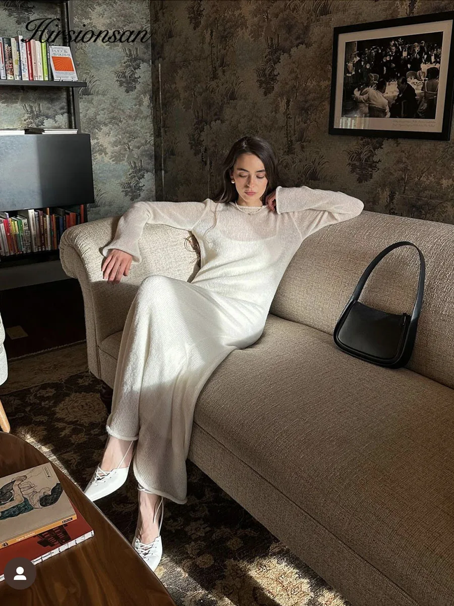 Hirsionsan Spring Autumn O-Neck Elastic Knit Long Dresses Women 2024 Elegant Chic Soft Lady Hollowing Sweater Dresses Femme New - Image 5