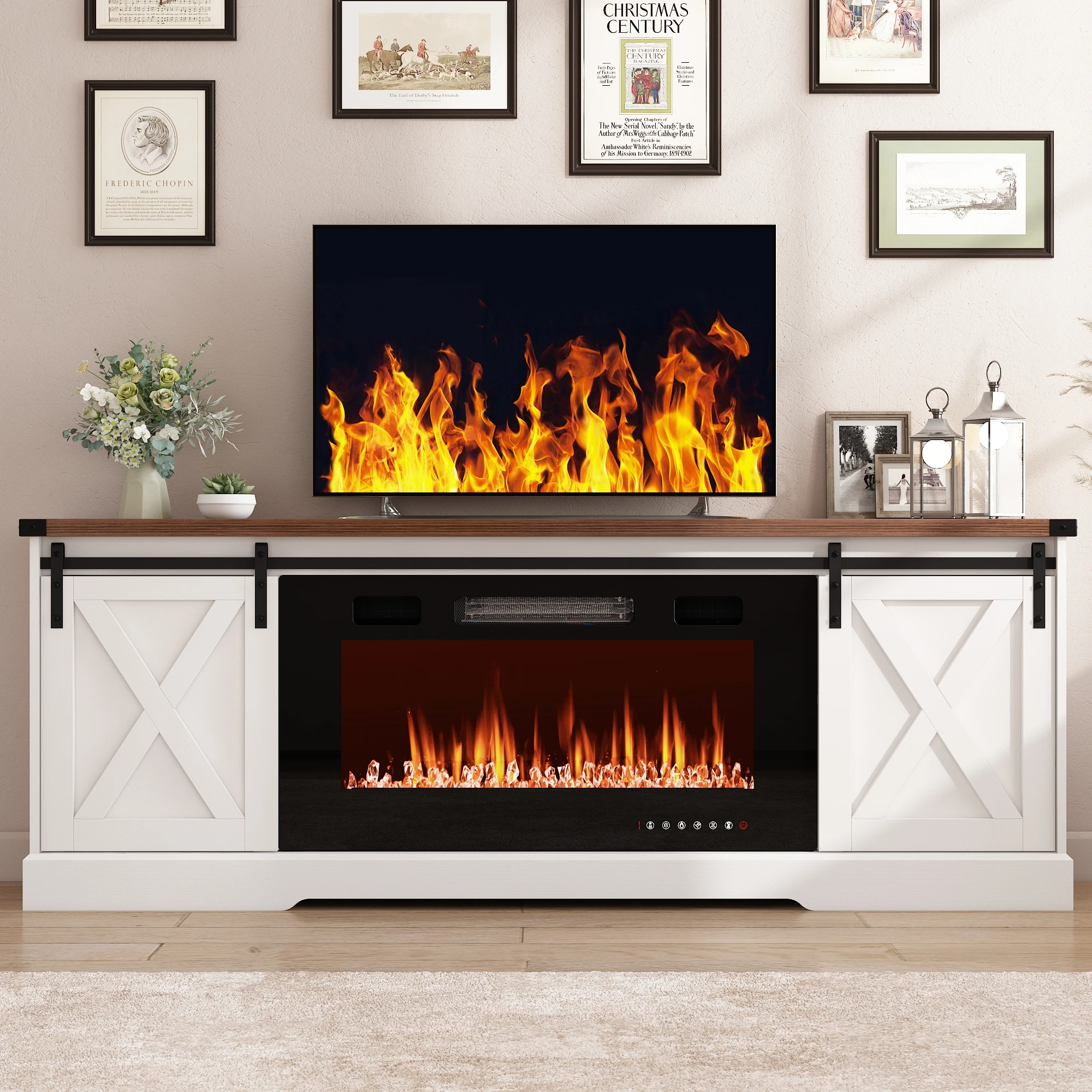 Fireplace TV Stand for up to 75" TV, Farmhouse Entertainment Center Suitable for 36" Fireplace, 70" Media Console Cabinets - Image 3