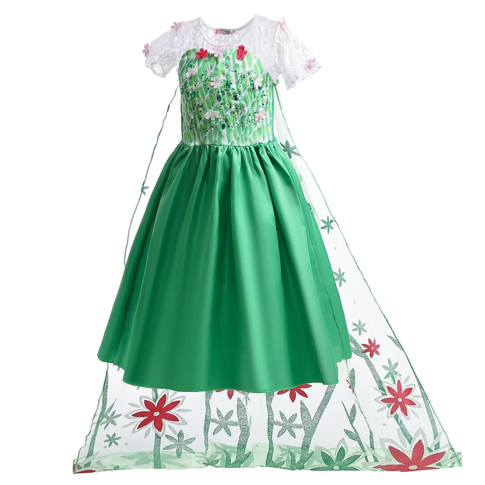 Elsa Green Dress for Kids Girl Princess Costume Dresses Children Long Cloak Floral Lace Ball Gown Summer - Image 5