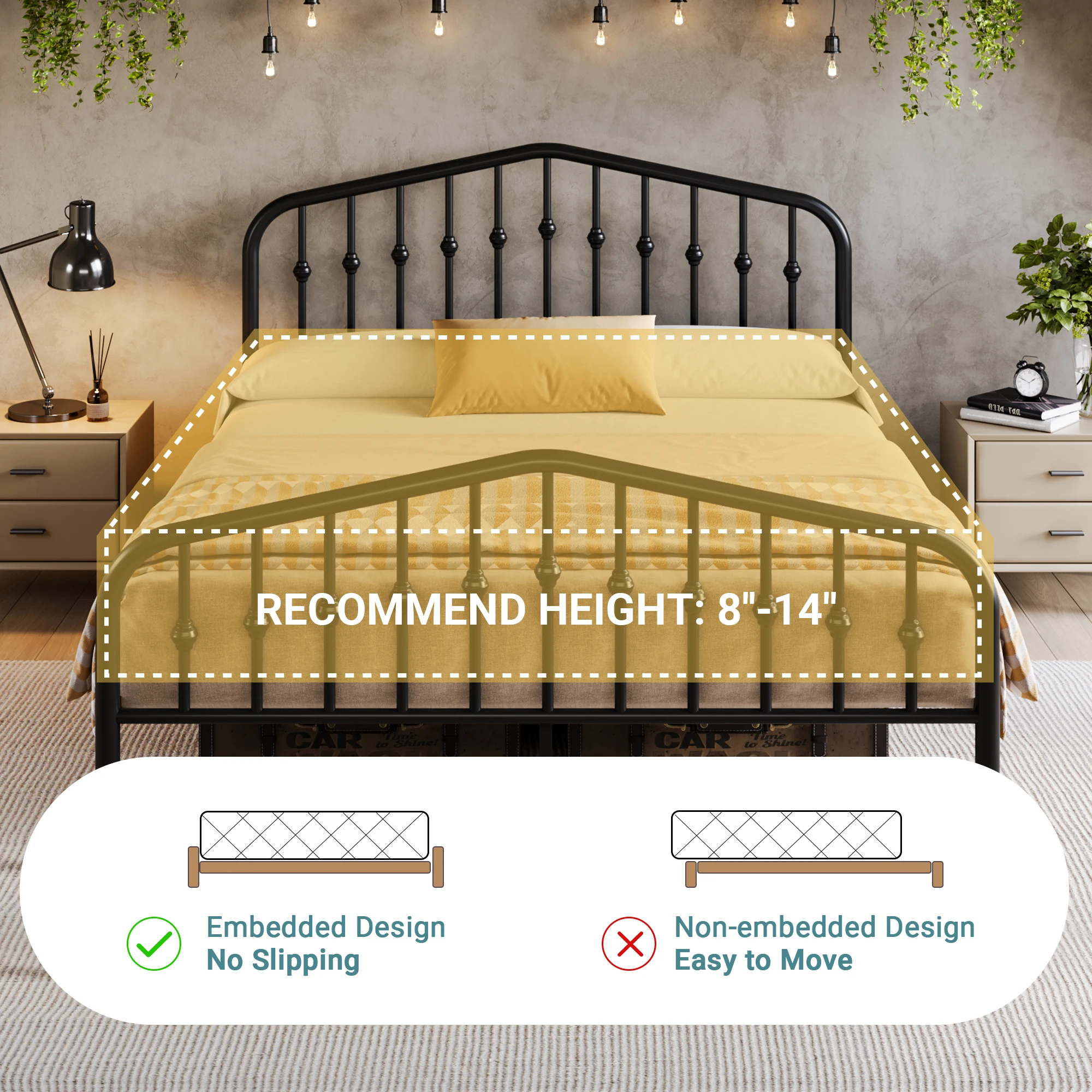 HOOMIC 14'' Metal Bed Frame with Victorian Headboard & Footboard, Heavy-Duty Wrought Iron Platform Bed Allewie - Image 5