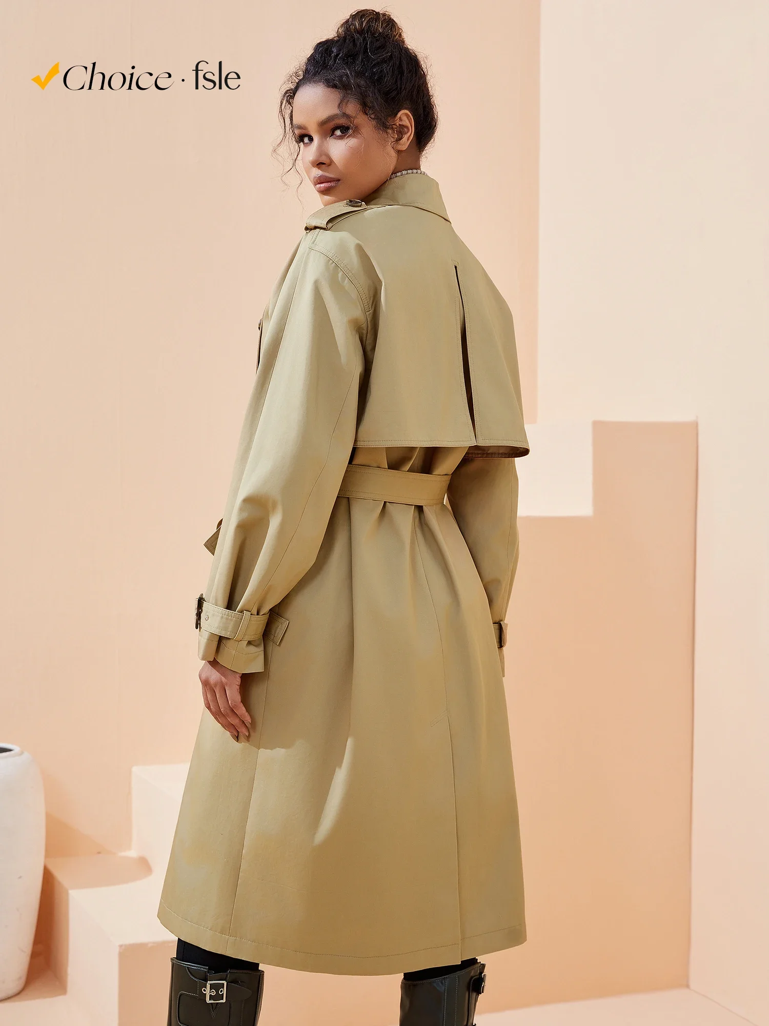 FSLE Women Trench Khaki Autumn Long Trench Coats Turn Down Collar Full Sleeve 100% Cotton Women Oversized Trench 24FS11325 - Image 3