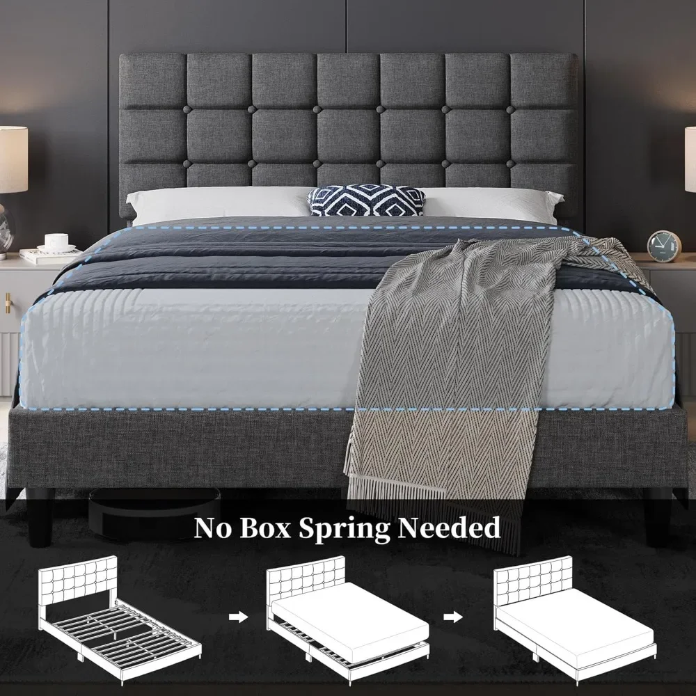 Upholstered Bed Frame, Modern Queen Bed Platform with Square Stitched&Button Tufting Headboard Height Adjustable - Image 6