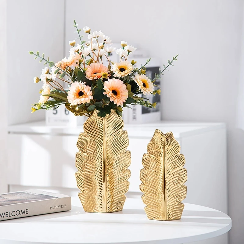 2Pcs/Nordic black gold plating leaf ceramic vase Modern simple household TV cabinet decoration vase - Image 3