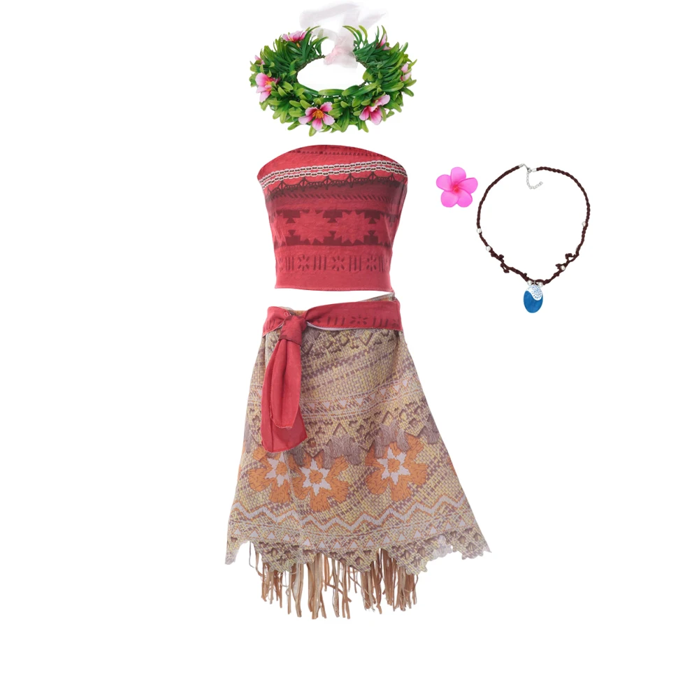 Girl Moana Costume Princess Cosplay Dress Summer Sleeveless Children's Dresses Girl Carnival Costume With Wreath Wig Necklace - Image 3