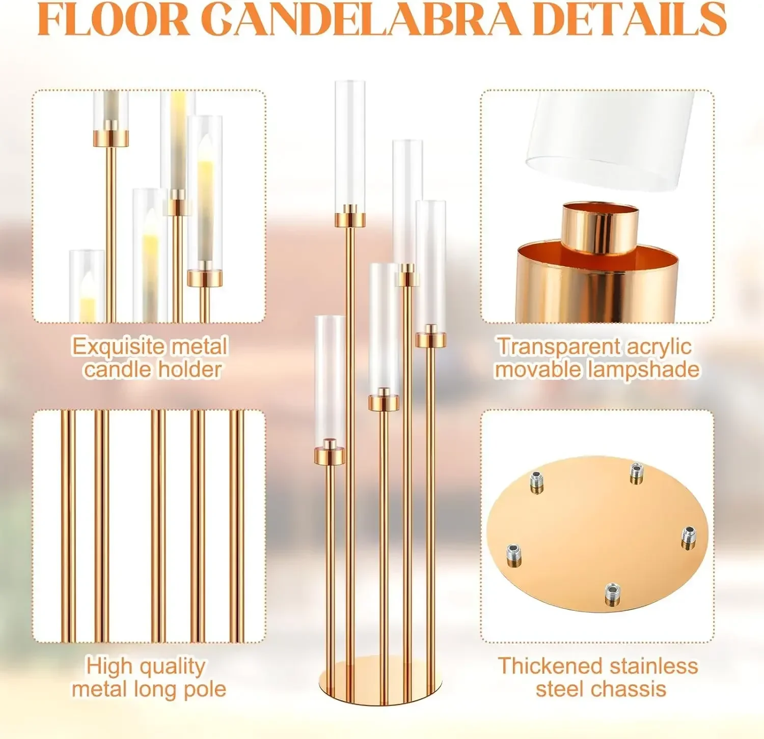 Floor Candelabra 5 Arm 42.5'' Tall Gold Candle Holder, Candelabra Centerpieces for Tables, Metal Candlestick Set with Acry - Image 3