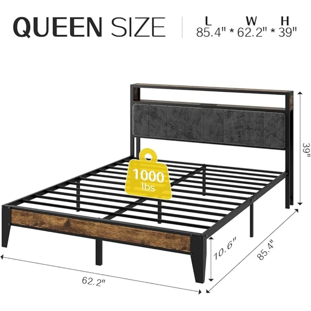 Queen Bed Frame with 2-Tier Storage & LED Light Headboard, Metal Platform Bed w/Charging Station Type C, No Box Spring Needed - Image 6