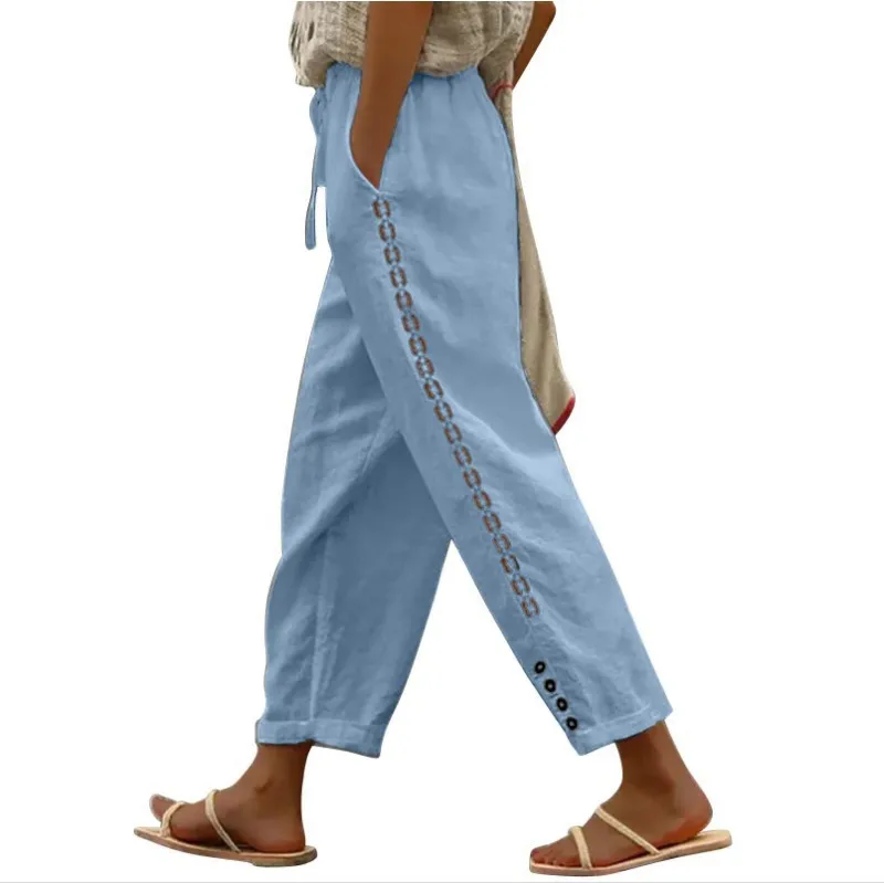 Women Fashion Embroidered Lace Trousers Vintage Lace-Up Pockets Pants Summer Elegant Loose Elastic Waist Long Pants Streetwears - Image 2