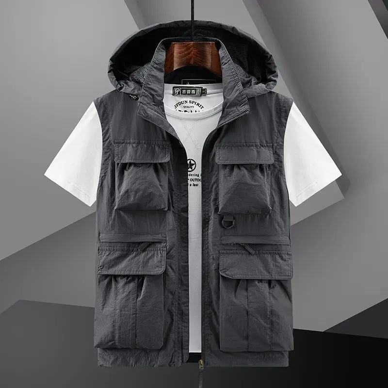 Spring New Outdoor Hooded Fishing Vest Mens Solid Breathable Multi-Pocket High Quality Vest Coat Detachable Hat Sports Vest Male - Image 5