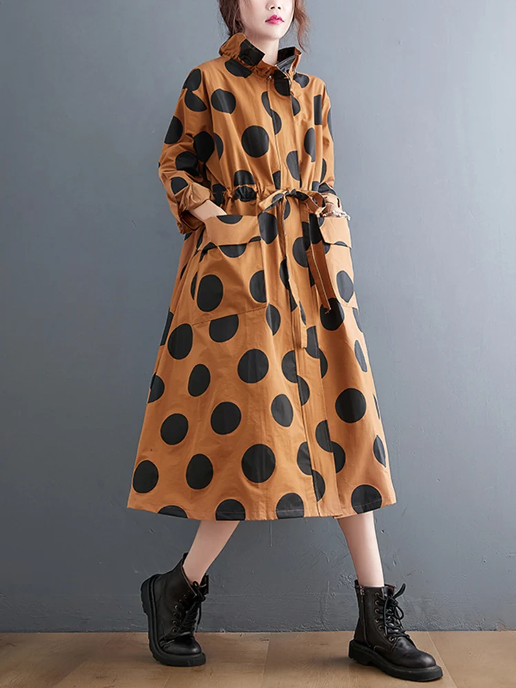 2022 Autumn Winter Oversized Polka Dot Long Trench Coat For Women Clothes Stand Collar Drawstring Fashion Casual Loose Outerwear - Image 3