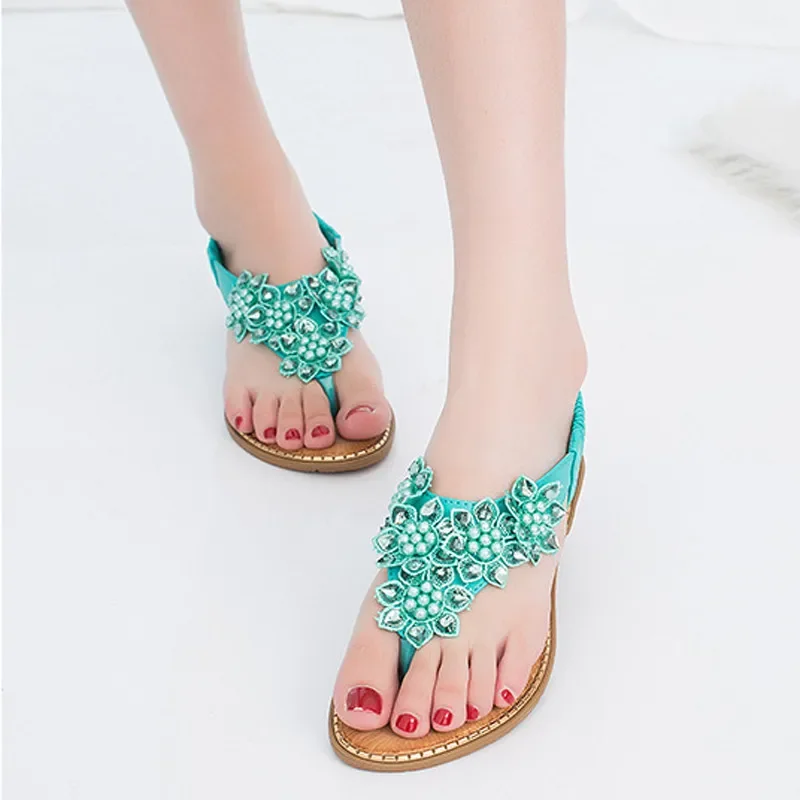 YAERNI Women Sandals New Fashion Bead Flower Round Toe Flip-flop Sandals Female Trend Summer Shoes Woman Plus Size 36-42 - Image 5