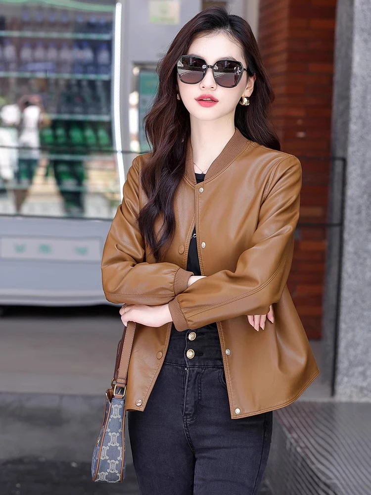 New Women Casual Leather Jacket Spring Autumn Fashion Patchwork V-Neck Single Breasted Loose Short Outerwear Split Leather - Image 5
