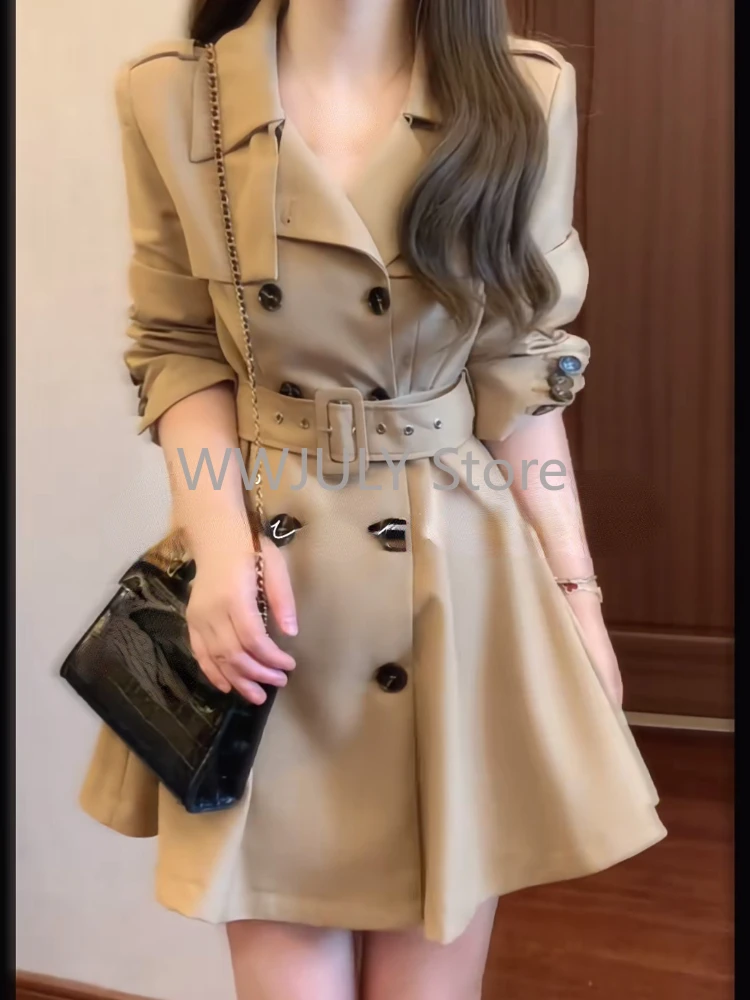 Autumn Winter Woman Korean Fashion Tops Trench Coats Elegant Khaki Turn Down Collar Long Sleeve High Waist Slim A Line Jackets - Image 3