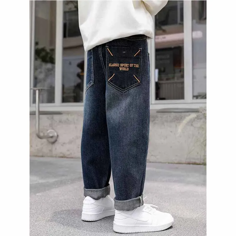 2024 Boys Fashion Jeans Children's Loose Casual Pants Spring Autumn New Kids Elastic Waist Pocket Letter Trousers 5-14 Years Old - Image 3