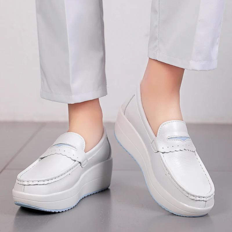 STRONGSHEN Women Platform Wedges Casual Shoes Loafers Soft Nurse Work Shoes Breathable Comfortable Non-slip White Nursing Shoes - Image 2