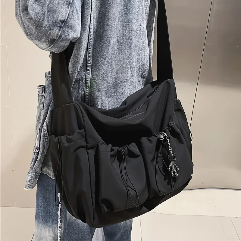 Fashionable Crossbody Bag with Drawstring Accent - Spacious & Secure Zipper Closure - Includes Stylish Bag Charm - Image 3