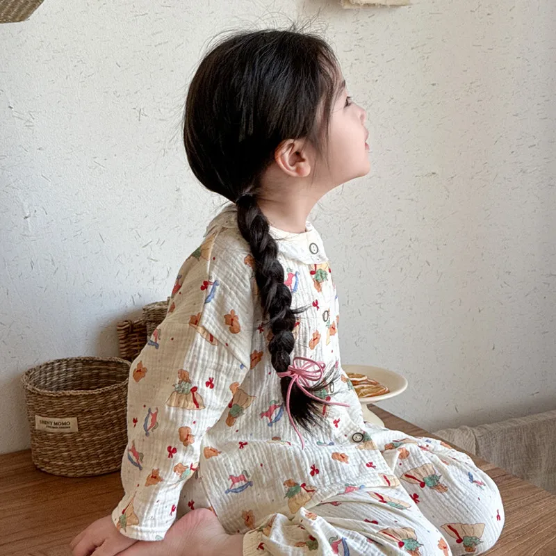 Girls Homewear Set Mom Daughter Family Matching Clothes Suit Lace Princess Pajama Muslin Cotton Outfit Baby Sleepwear Tops+Pants - Image 6