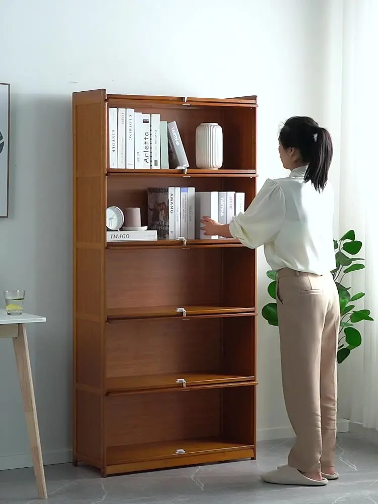 Modern Bamboo Bookshelf Storage Cabinet with Flip Doors 4/5/6 Tier Bookcase for Living Room Bedroom Office - Image 2