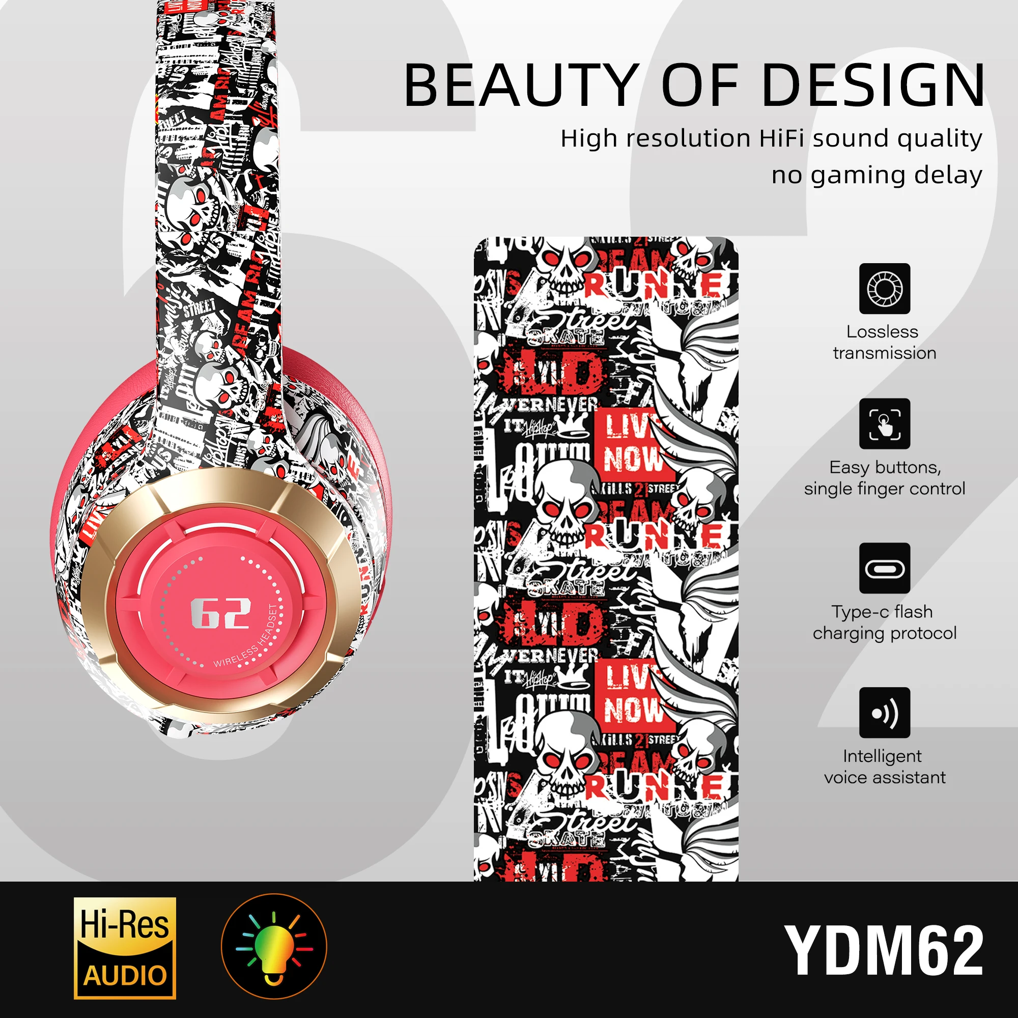 YDM62 Wireless Headphones HiFi Stereo Over Ear Bluetooth Headset With Mic Supports TF Noise Cancel Earphone For Cellphone PC - Image 4
