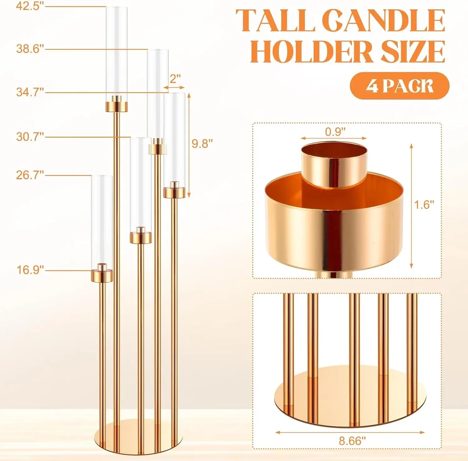 Floor Candelabra 5 Arm 42.5'' Tall Gold Candle Holder, Candelabra Centerpieces for Tables, Metal Candlestick Set with Acry - Image 2