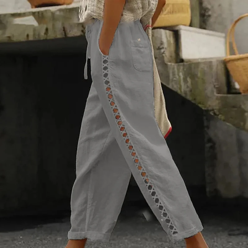 Women Fashion Embroidered Lace Trousers Vintage Lace-Up Pockets Pants Summer Elegant Loose Elastic Waist Long Pants Streetwears - Image 4