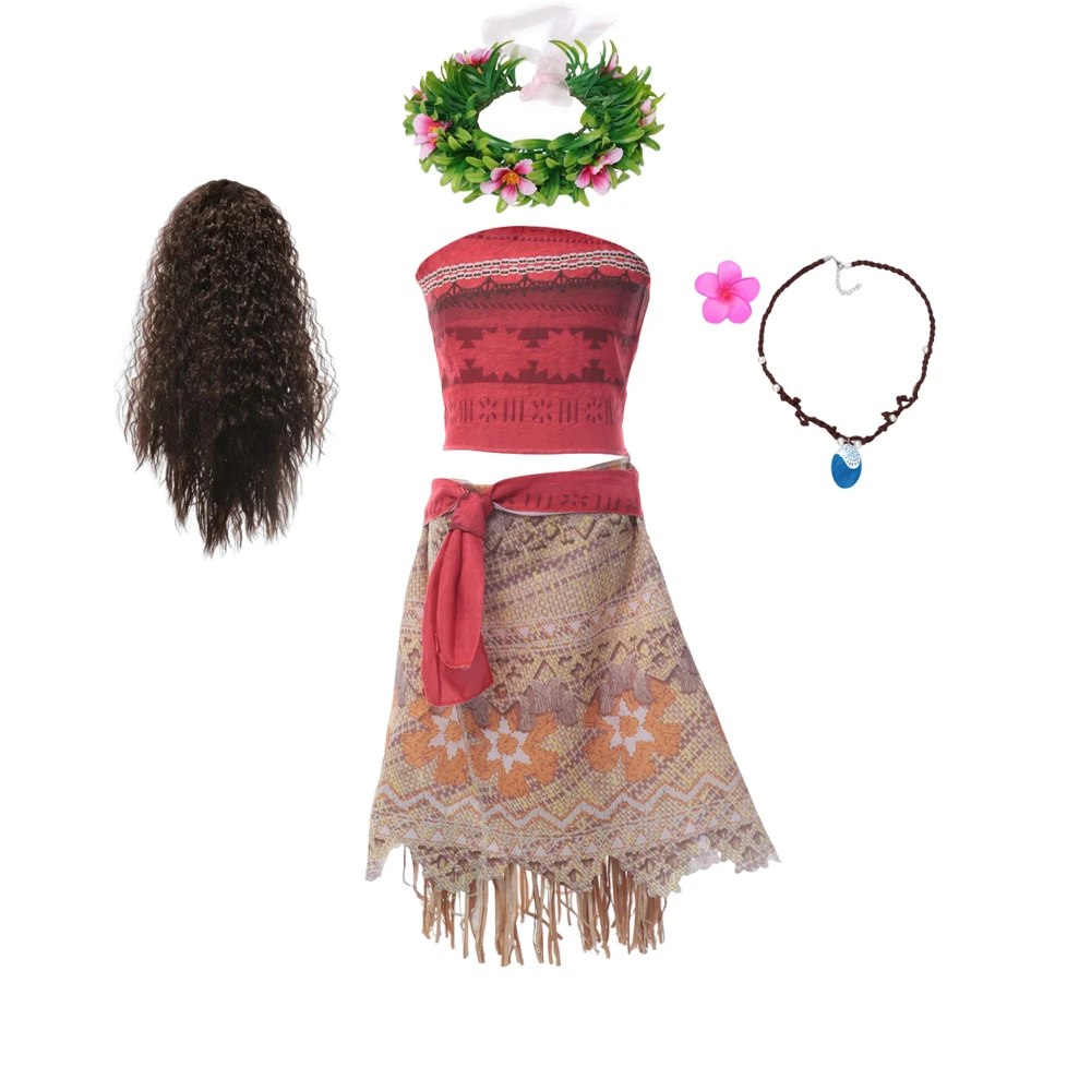 Girl Moana Costume Princess Cosplay Dress Summer Sleeveless Children's Dresses Girl Carnival Costume With Wreath Wig Necklace - Image 5