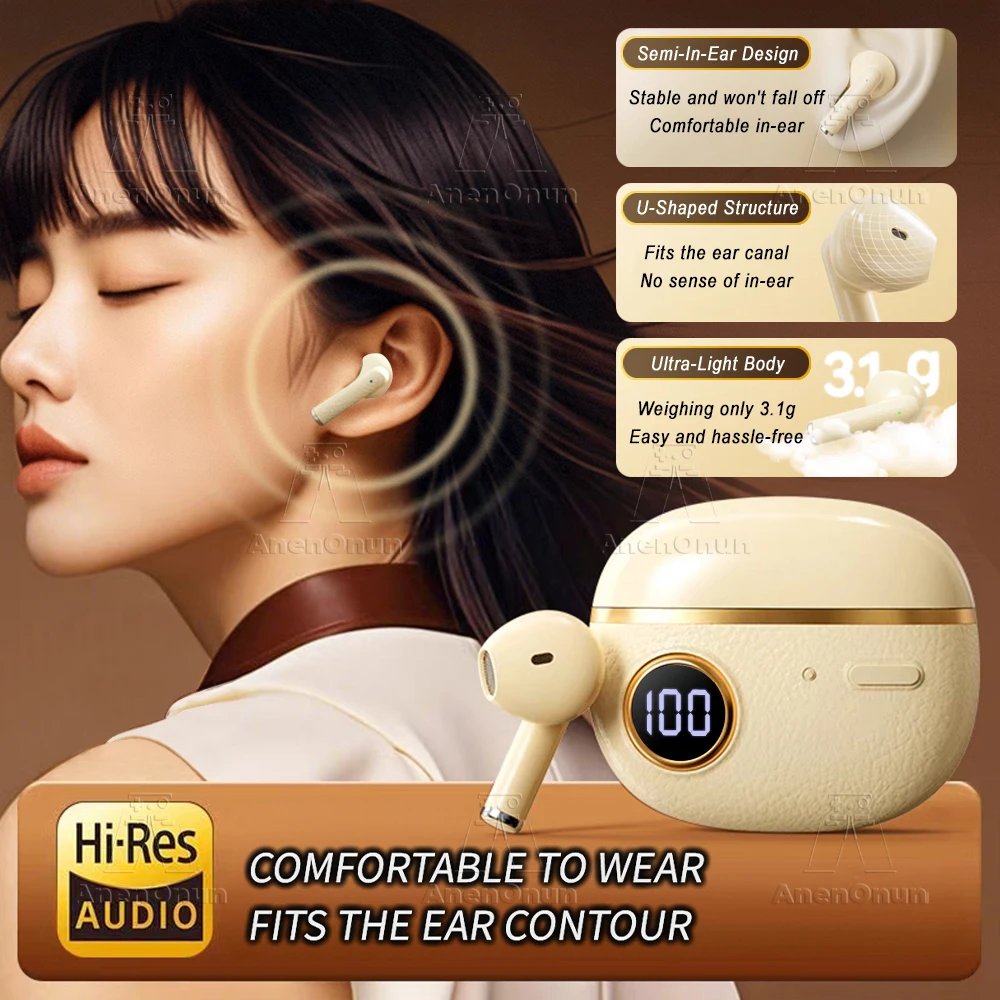 TWS Earbuds Semi-In-Ear Bluetooth Earphones 28H Playtime HD Stereo Sound ENC Noise Cancelling IPX4 Waterproof Handsfree - Orange - Image 2